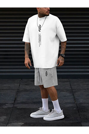 Erkek Dikey Baskılı T-Shirt Şort