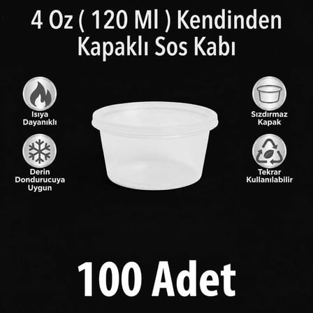 4 oz 120 ml, 100 Adet, Sıkı ve Sızdırmaz Kendinden Kapaklı/Sert Plastik Sosluk - Kemik Suyu ve Sos Kabı