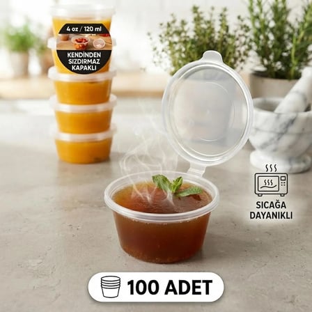 4 oz 120 ml, 100 Adet, Sıkı ve Sızdırmaz Kendinden Kapaklı/Sert Plastik Sosluk - Kemik Suyu ve Sos Kabı