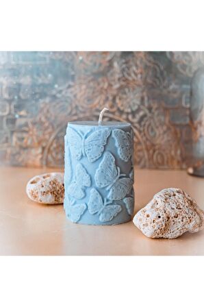 Kelebek Motifli Mavi Renk Kokulu Baton Soya Wax Mum