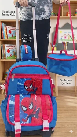 2 KADEMELİ ÇEKÇEKLİ TEKERLEKLİ KAREKTER DESENLİ ERKEK MAVİ 3 LÜ SET TAKIM İLKOKUL SIRT ÇANTASI