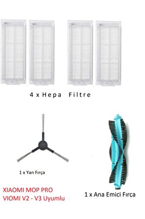 Srfn Ticaret Xıaomı Mop Pro - Viomi V2 V3 Uyumlu Hepa Filtre - Emici Ana Fırça - Yan Fırça