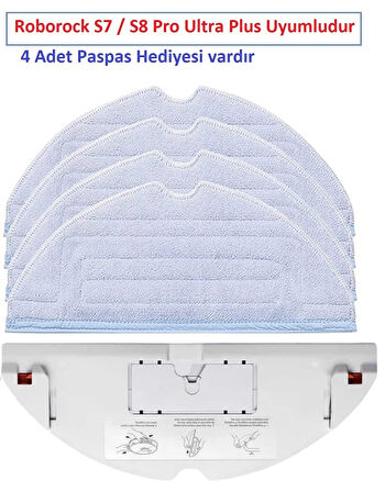 srfn ticaret Roborock S7+ / S8+ Ultra Pro Uyumlu Beyaz Mop Tutucu Aparat ve 4 Adet Fiber Mop Bez