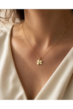 14 Ayar Altın Dört Yapraklı Yonca Figürlü Kalemli Kolye Ucu 1,9 cm çaplı