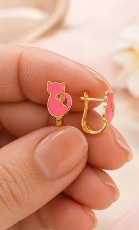 8 Ayar Altın Pembe Minik Kedi Model Çocuk Küpesi