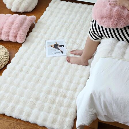 Puffy Bubble Tavşan Tüyü Kaymaz Makinede Yıkanabilir Salon Koridor Mutfak Halı Kilim Krem