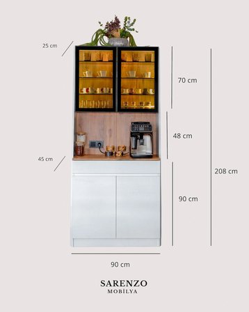 Lumi Led'li Kahve Köşesi | Cam Kapaklı Premium Mini Bar & Çok Amaçlı Dolap | Beyaz-Çam