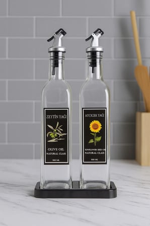 Siyah Stantlı Lux Kare Cam Yağdanlık 2'li 500 ml