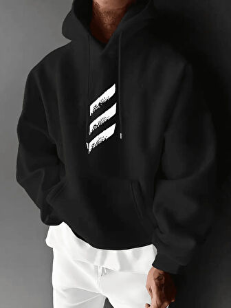 Unisex Oversize Kapüşonlu Sweatshirt Üç Çizgi Desenli