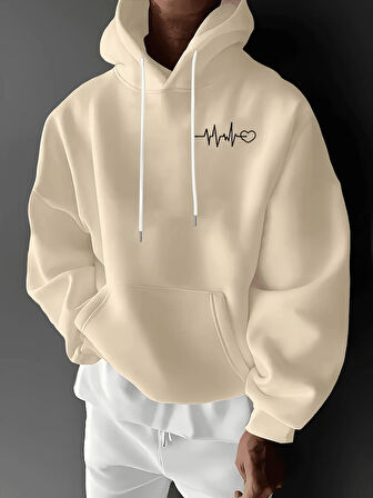 Unisex Oversize Kapüşonlu Sweatshirt Kalp Ritmi Desenli