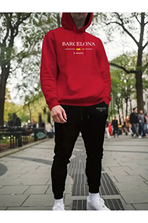 Unisex Barcelona España Kapüşonlu Sweatshirt + Jogger Eşofman Takımı