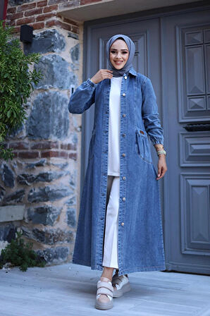 Kadın Düğmeli Cepli Kar Yıkamalı Denim Kot Kap