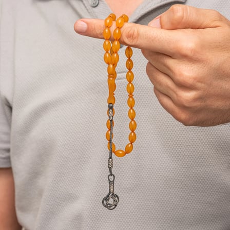 Gümüş Turuncu Kazaz Püsküllü Sıkma Kehribar Tesbih