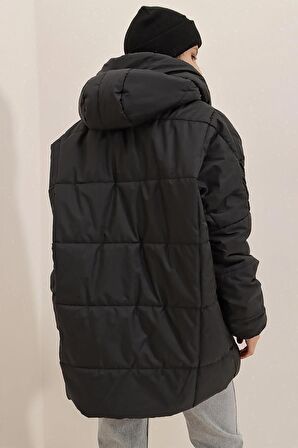 Kapüşonlu Dış Cepli Puffer Fashion Oversize Yarasa Şişme Mont