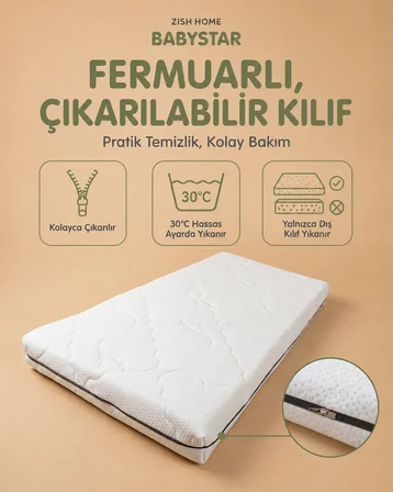 BABYSTAR Sünger Bebek ve Çocuk Yatağı | Fermuarlı Yıkanabilir Kılıf | Beşik ve Park Yatak | 10 cm