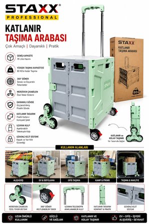100KG Katlanır Taşıma Arabası | 70 L Katlanabilir Kasa | Merdiven Çıkan 360° Teker | Kamp • Market 