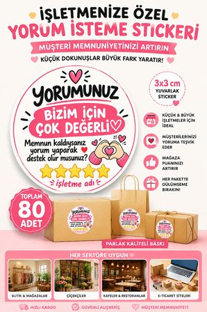 80 Adet İsminize Özel Sipariş Yorum İsteme Stickerı 3x3 cm – İşletmelere Özel Müşteri Yorum Teşvik Etiketi