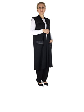 KADIN ÖNÜ AÇIK DERİ DETAYLI ÜSTTEN CEPLİ CEP FERMUAR AKSESUARLI SPOR YELEK