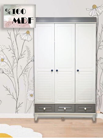 %100 MDF Stella Gri 3 Kapılı Bebek & Çocuk Gardırop