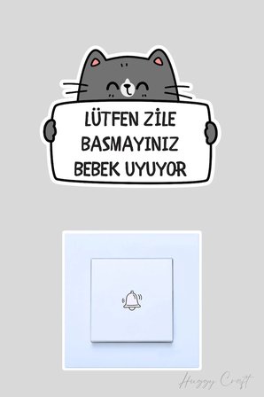 Lütfen Zile Basmayınız Bebek Uyuyor Gri Sevimli Kedi Sticker Kapı Zili Etiketi