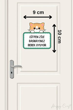 Lütfen Zile Basmayınız Bebek Uyuyor - Sarı Kedi Sticker Kapı Zili Etiketi