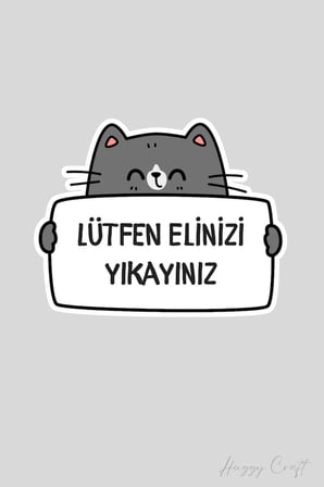 Lütfen Elinizi Yıkayınız Sticker Gri Kedi Figürlü Etiket