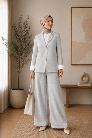 Kadın Mavi Dokulu Açık Gri Keten Blazer Takım