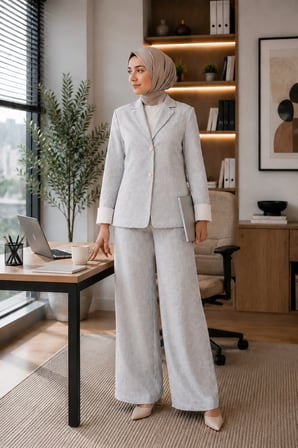 Kadın Mavi Dokulu Açık Gri Keten Blazer Takım