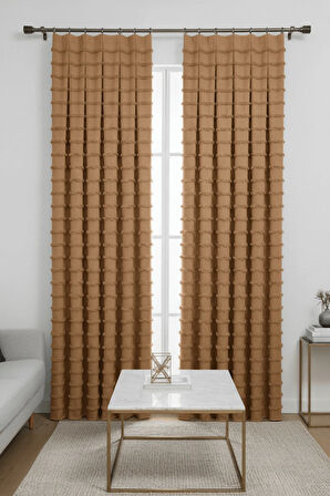 Wave Koleksiyon Sütlü Kahve 2'li Fon Perde 1x3 En Sık Pile – Özel Dokulu, Kullanıma Hazır