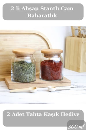 Bambu Kapaklı 2'li Stantlı Baharat Takımı 300ml
