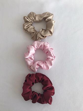  Bej - Bordo - Pembe Saten Küçük Boy 3’lü Scrunchie Lastikli Toka