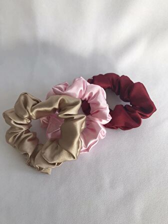  Bej - Bordo - Pembe Saten Küçük Boy 3’lü Scrunchie Lastikli Toka