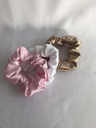 Bej - Beyaz - Pembe Saten Küçük Boy 3’lü Scrunchie Lastikli Toka