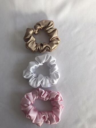 Bej - Beyaz - Pembe Saten Küçük Boy 3’lü Scrunchie Lastikli Toka