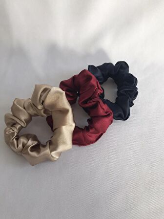 Bej - Bordo - Lacivert Saten Küçük Boy 3’lü Scrunchie Lastikli Toka