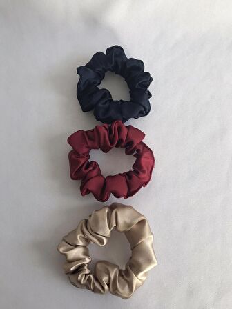 Bej - Bordo - Lacivert Saten Küçük Boy 3’lü Scrunchie Lastikli Toka