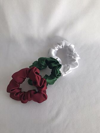 Beyaz - Bordo - Yeşil Saten Küçük Boy 3’lü Scrunchie Lastikli Toka