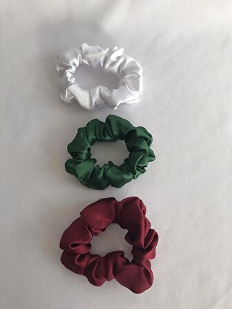 Beyaz - Bordo - Yeşil Saten Küçük Boy 3’lü Scrunchie Lastikli Toka