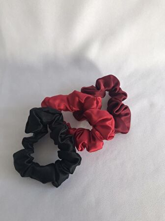  Siyah - Kırmızı - Bordo Saten Küçük Boy 3’lü Scrunchie Lastikli Toka