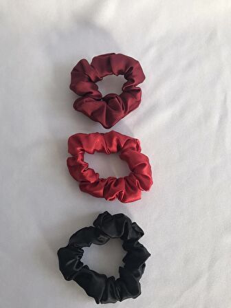  Siyah - Kırmızı - Bordo Saten Küçük Boy 3’lü Scrunchie Lastikli Toka