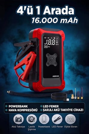 4'ü 1 Arada Dijital Göstergeli | Powerbank | Led Fener | Hava Kompresörü| Şarjlı Akü Takviye Cihazı