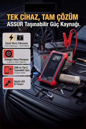 4'ü 1 Arada Dijital Göstergeli | Powerbank | Led Fener | Hava Kompresörü| Şarjlı Akü Takviye Cihazı
