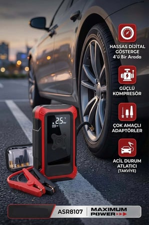 4'ü 1 Arada Dijital Göstergeli | Powerbank | Led Fener | Hava Kompresörü| Şarjlı Akü Takviye Cihazı