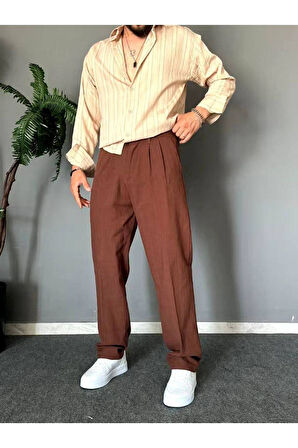 Old Money Pileli Baggy Kalıp Beli Lastikli Yazlık Keten Pantolon