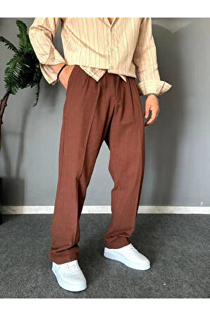Old Money Pileli Baggy Kalıp Beli Lastikli Yazlık Keten Pantolon