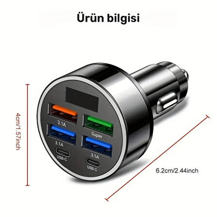 Araç Şarj Cihazı 6 PORTLU | 2PD + 4USB, Hızlı Şarj, Tip-C, Dijital Ekran
