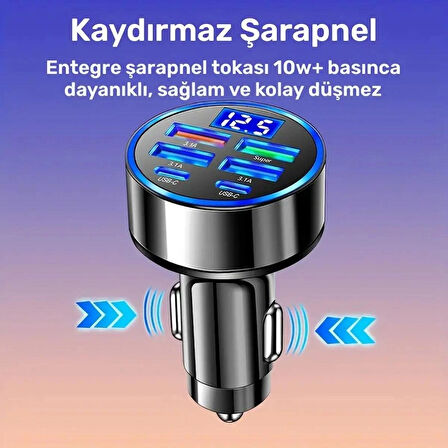 Araç Şarj Cihazı 6 PORTLU | 2PD + 4USB, Hızlı Şarj, Tip-C, Dijital Ekran