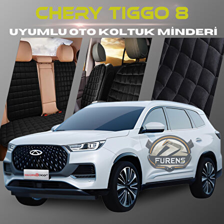 Chery Tiggo 8 Siyah Renk Tay Tüyü Cepli & Terletmez Sırtlı Oto Koltuk Minder Seti - Koltuk Koruma Kılıfı (ÖN & ARKA TAM SET)