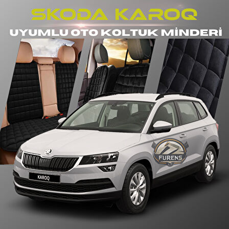 Skoda Karoq Siyah Renk Tay Tüyü Cepli & Terletmez Sırtlı Oto Koltuk Minder Seti - Koltuk Koruma Kılıfı (ÖN & ARKA TAM SET)