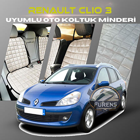 Renault Clio 3 Bej Renk Tay Tüyü Cepli & Terletmez Sırtlı Oto Koltuk Minder Seti - Koltuk Koruma Kılıfı (ÖN & ARKA TAM SET)